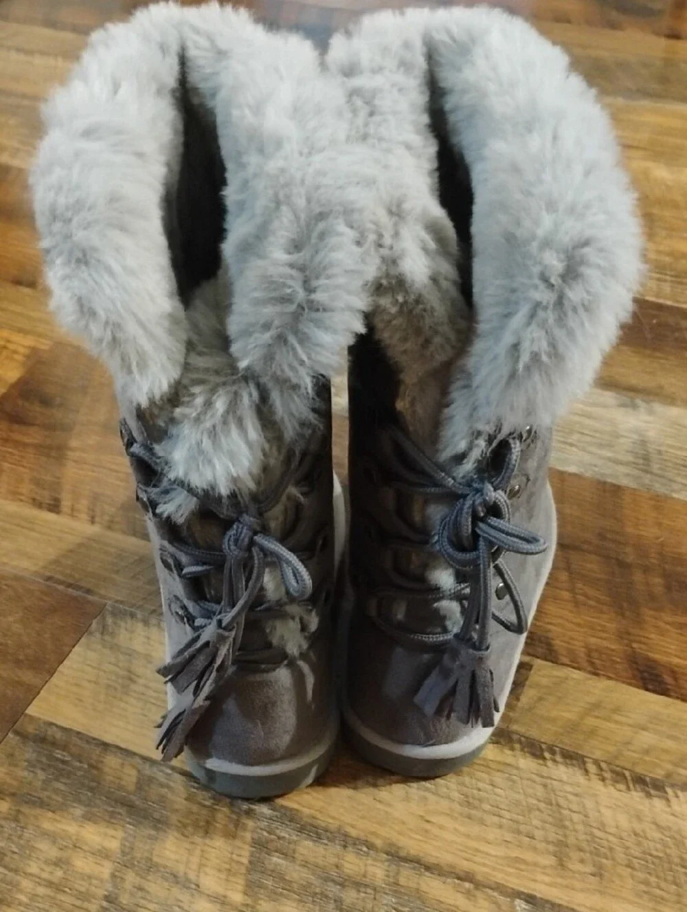 Girls 1M Rampage Gray Faux Suede Mid-Calf Winter Boots with Plush Fur Cuff